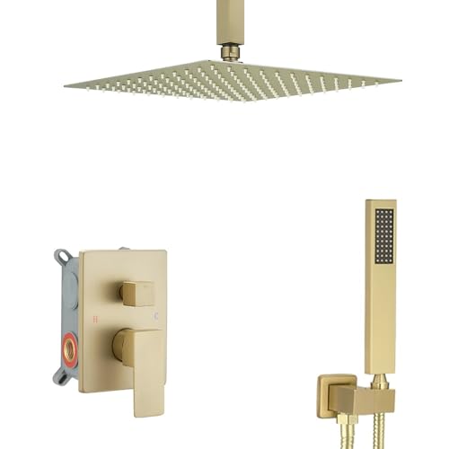 ‎Brushed Gold Shower System Bathroom 12 Inch Rain Shower Head Ceiling Mount with Handheld Luxury High Pressure Shower Combo Set Shower Faucet Rough-in Valve Body and Trim Kit - color: Brushed Gold, size: 12 Inch