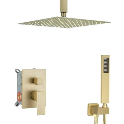 ‎Brushed Gold Shower System Bathroom 12 Inch Rain Shower Head Ceiling Mount with Handheld Luxury High Pressure Shower Combo Set Shower Faucet Rough-in Valve Body and Trim Kit - color: Brushed Gold, size: 12 Inch