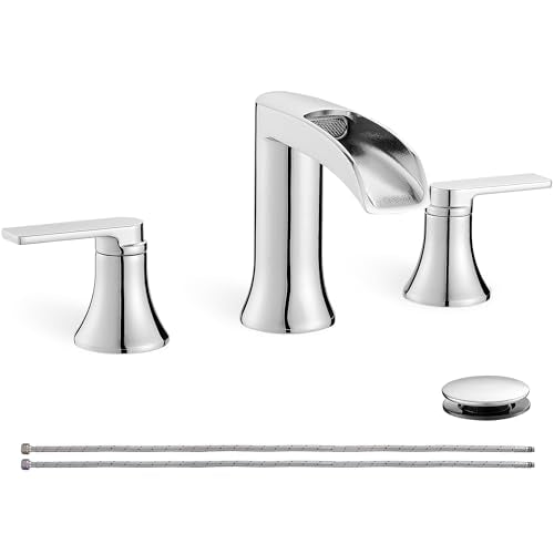 Chrome Modern Bathroom Faucet Waterfall 4-8 Inch 3 Hole Bathroom Sink Faucet Widespread with Pop-up Drain and cUPC Supply Line, 2 Handle for Vanity, Lavatory, Restroom, Apartment, Brass Material - color: Chrome - Fashion