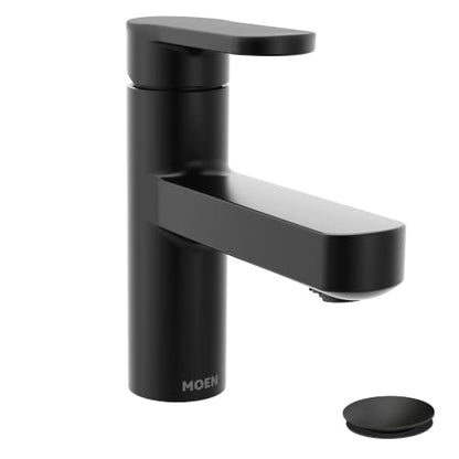 Moen Laris Matte Black One-Handle Single Hole Modern Bathroom Sink Faucet with Optional Deckplate and Spring Loaded Drain Assembly, 84014BL - color: Matte Black