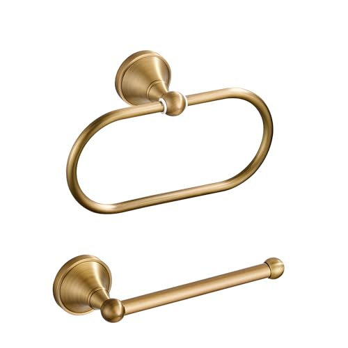 Antique Brass Toilet Paper Holder Towel Ring, Brass Towel Holder Toilet Paper Roll Holder, Rustic Vintage Oval Towel Rack Bathroom Accessories Set Hardware 2 Pieces Farmhouse Wall Mounted - color: Antique 2