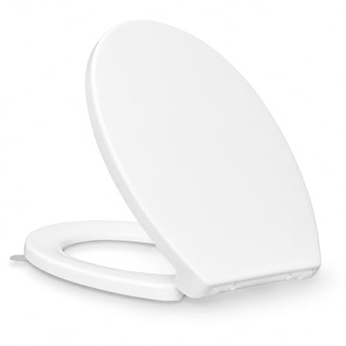 KHE Elongated Toilet Seat, 18.5 Inch, White | Soft Close Toilet Seat with No-Touch Handle, Quick Release for Easy Cleaning, Non-Slip Bumpers, Durable PP - size: Elongated 18.5''