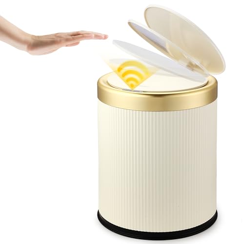 Automatic Bathroom Trash Can with Lid, Touchless Trashcan White Gold | 3.7 Gallon Motion Sensor Garbage Can, Cute Modern trash bin,Smart Waterproof Trash Bin for Bedroom, Office, Restroom,Outdoor - color: White, size: 3.7 Gallon