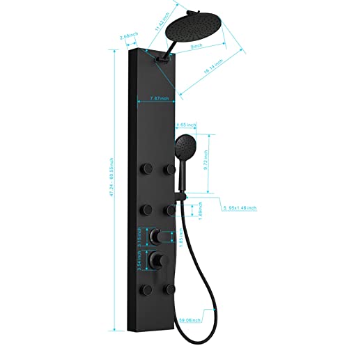 Rainfall Shower Panel Shower Tower System Adjustable Shower Head Round,Stainless Steel with 6 Body Jets Massage, 3 IN 1 Bathroom Shower Wall Mount, Black - color: Black