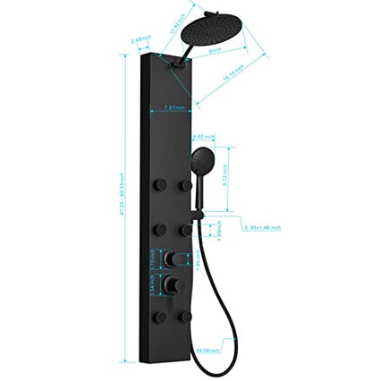 Rainfall Shower Panel Shower Tower System Adjustable Shower Head Round,Stainless Steel with 6 Body Jets Massage, 3 IN 1 Bathroom Shower Wall Mount, Black - color: Black