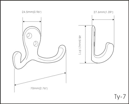 Premium Double Robe Hook, 2-3/4", Zinc Die Cast, Brushed Antique Brass, Made in Taiwan, 6 Pack - size: 6pack-Brushed Antique Brass