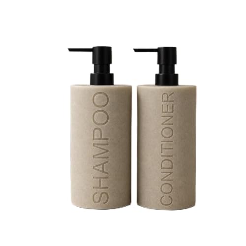 Resin 2 Pack Shampoo, Conditioner or Body Wash Dispenser Set, Luxurious Refillable Pump Bottles with Matte Pump Top and Embossed Text, Durable Design for Bathroom and Shower - color: Tan Shampoo & Conditioner