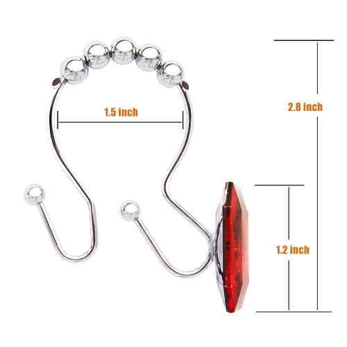 Shower Curtain Hooks Rings for Bathroom, 12PCS Double Hooks Glide Anti Rust Crystal Rhinestones Shower Curtain Rings Hangers for Shower Curtains, Clothing, Towels, etc. (Clear) (Red) - color: Red