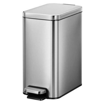 Slim Stainless Steel Trash Can - 2.6 Gallon Step Garbage Bin with Soft Close Lid, Brushed Finish, Narrow Vertical Wastebasket for Bathroom, Bedroom, or Office, Durable Construction and Easy Cleaning
