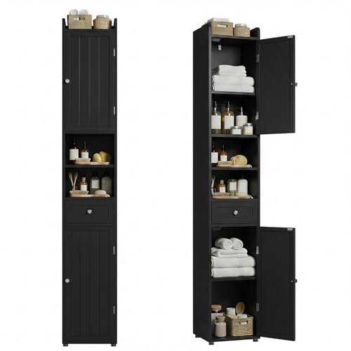 ChooChoo Tall Bathroom Storage Cabinet with Drawer, 11.8" x 11.8" x 70.8" | Narrow Storage Cabinet, Freestanding Cupboard for Small Spaces, Black - color: Black, size: 11.81"D x 11.81"W x 70.87"H