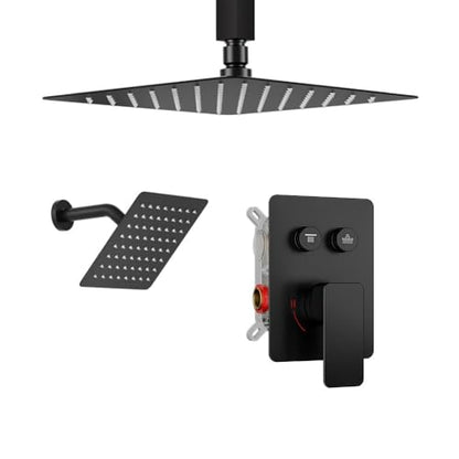 Rainfall Shower System, STARBATH 10" Ceiling Mount Rain Showerhead and 6" Wall Mounted Rainfall Shower for Couples, On Off Button Valve Dual Head Shower Systems Complete, Matte Black - color: Matte Black, size: 10+6 inch-14