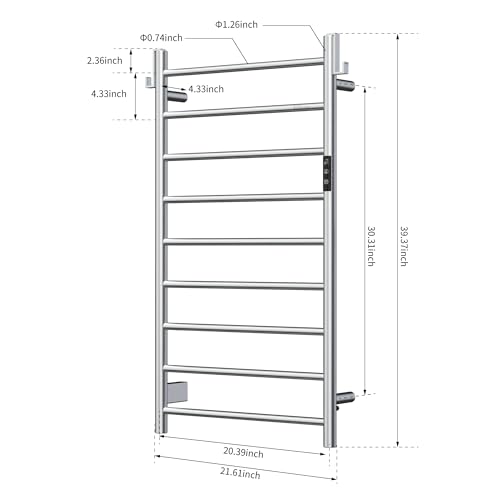 Z&Zhanle Heated Towel Rack for Bathroom,Wall Mounted Electric Towel Rack with Timer and LED Indicator, 9-Bar Towel Warmer, Stainless Steel Polished, Hard-Wired/Plug-in