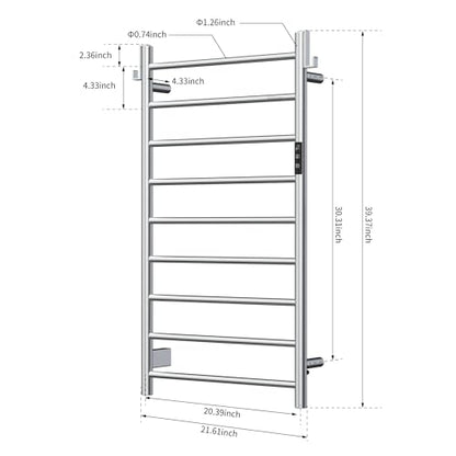 Z&Zhanle Heated Towel Rack for Bathroom,Wall Mounted Electric Towel Rack with Timer and LED Indicator, 9-Bar Towel Warmer, Stainless Steel Polished, Hard-Wired/Plug-in