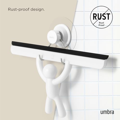 Umbra Buddy Adhesive Squeegee, Shower Glass and Mirror Cleaner, White | Streak-free flexible blade, mounts on tile or drywall, easy clean silicone, anti-rust plastic