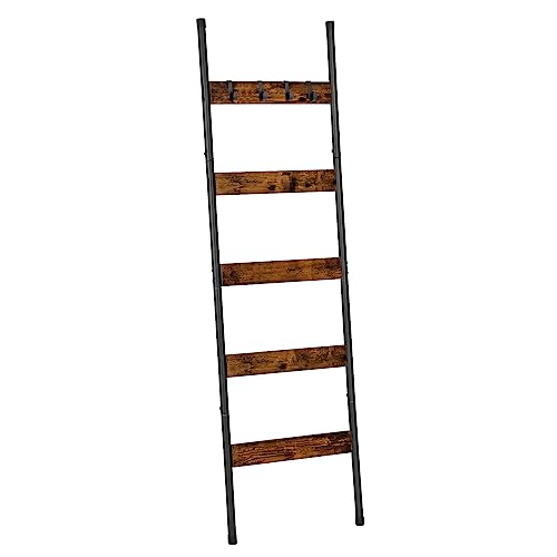 HOOBRO Blanket Ladder, 5-Tier Towel Rack with Hooks, Wall-Leaning Blanket Rack, Decorative Display Ladder Shelf, for Scarves, Industrial, Living Room, Bedroom, Rustic Brown and Black BF52CJ01 - color: Rustic Brown + Black, size: 17.3"L x 63"W
