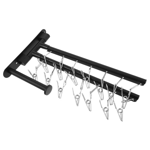 OSALADI Wall Mounted Utility Rack with 2-Tier Stainless Steel Multi Bar and 360° Rotating Arms, Black Clothes Drying Rack with No-Drill Installation and Strong Loadbearing for Laundry