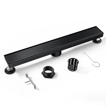 Linear Shower Drain, 304 Stainless Steel with Adjustable Leveling Feet, Hair Strainer,Reversely Install Place to Create an Invisible Floor Drain - Black -24-Inch - color: Matte Black, size: 24inch