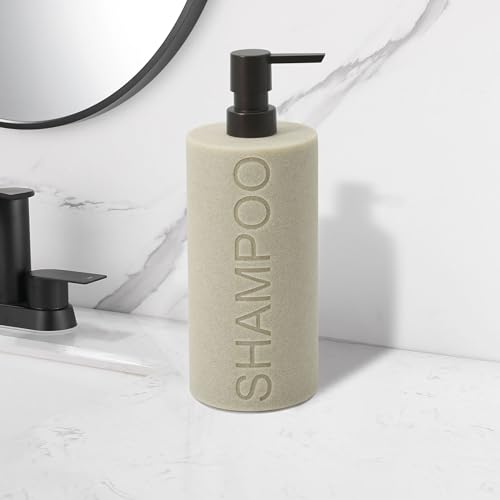 Resin Tan Sandstone Shampoo Engraved Bottle Refillable Pump Dispenser, Durable Waterproof Resin Construction for Bath, Shower - Tan Sandstone ORB Pump - color: Tan Sandstone Resin, Orb Pump - Shampoo