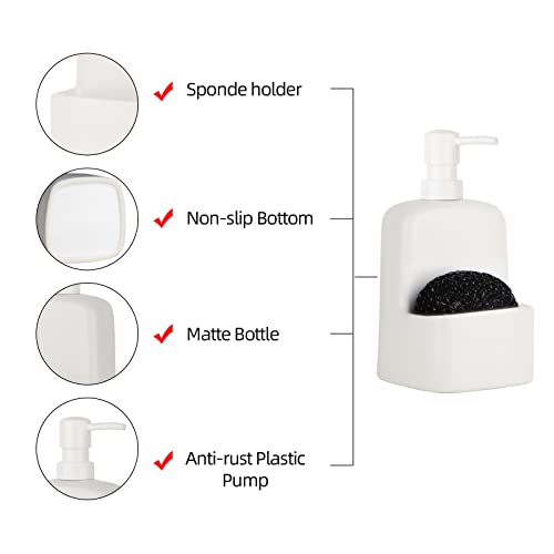Dish Soap Dispenser - Kitchen Soap Dispenser with Sponge Holder Matte Ceramic Soap Daddy Dispenser 20oz for Kitchen (Matte White) - color: Matte White