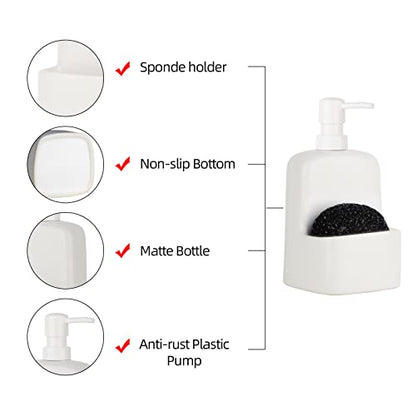 Dish Soap Dispenser - Kitchen Soap Dispenser with Sponge Holder Matte Ceramic Soap Daddy Dispenser 20oz for Kitchen (Matte White) - color: Matte White