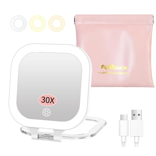 FUNTOUCH Travel Makeup Mirror, Portable Rechargeable Mirror with Lights | White Double Sided Portable with PU Bag/Rechargeable/3 Light Settings/Adjustable Brightness/Handheld Hanging/Gifts for Women - color: White-c