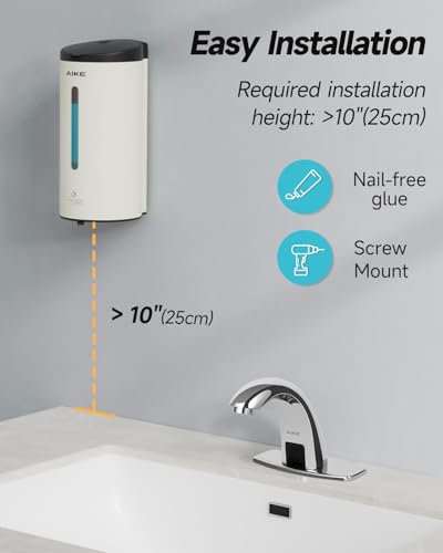 AIKE Automatic Foaming Soap Dispenser 25oz for Bathroom,Mattewhite AK1205FA | Rich Foam and Stainless Steel,No-drill and Screw Wall Mount,5-Level Adjustable and Key for Commercial(Batteries Not Included) - color: Matte White Stainless Steel