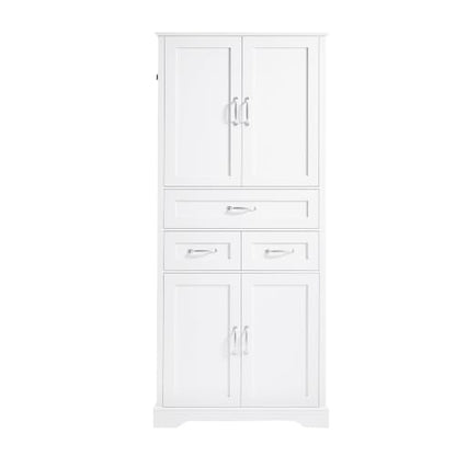 JIVOIT 70" Tall Bathroom Storage Cabinet with 4 Doors and 3 Drawers | Freestanding Linen Tower, Adjustable Shelves, MDF Board White Bathroom Organizer, Aluminum Alloy Hook, Space-Saving - color: White//56
