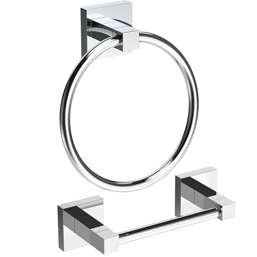 RUACQ Chrome Toilet Paper Holder & Towel Ring, Bathroom Accessories | 2-Piece Bathroom Hardware Set, Pivoting Tissue Roll Holder, Hand Towel Ring, Square Base, 304 Stainless Steel, Wall Mounted - color: Chrome, size: 2pcs