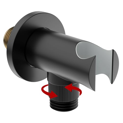 Bathroom Brass Round Wall Mount Water Supply Elbows with On/Off Flow Control Bracket Handheld Shower Head Holder, Matte Black - color: Matte Black