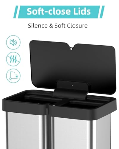 OUTLANE 2x8 Gallon/60L Dual Kitchen Trash Can, Motion Sensor Dual Garbage Can with Soft Close Lid, Automatic Stainless Steel Recycle Bin Combo for Kitchen, Bathroom, Office
