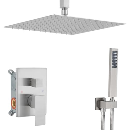 Brushed Nickel Shower System Bathroom 16 Inch Rain Shower Head Ceiling Mount with Handheld Luxury High Pressure Shower Combo Set Shower Faucet Rough-in Valve Body and Trim Kit - color: Brushed Nickel, size: 16 Inch