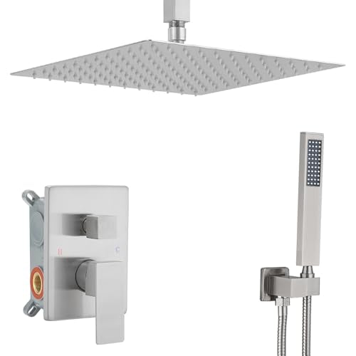Brushed Nickel Shower System Bathroom 16 Inch Rain Shower Head Ceiling Mount with Handheld Luxury High Pressure Shower Combo Set Shower Faucet Rough-in Valve Body and Trim Kit - color: Brushed Nickel, size: 16 Inch