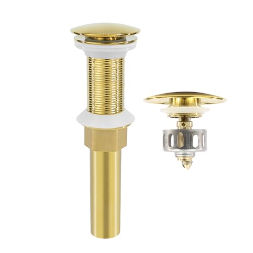 Bathroom Sink Drain, Gold Drain Stopper Bathroom Sink Without Overflow,Pop Up Drain Assembly Without Detachable Strainer Basket,Built-in Anti-Clogging Strainer,Stainless Steel Gold - color: Gold-big Cap, style: Without Overflow