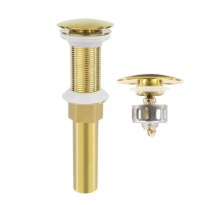 Bathroom Sink Drain, Gold Drain Stopper Bathroom Sink Without Overflow,Pop Up Drain Assembly Without Detachable Strainer Basket,Built-in Anti-Clogging Strainer,Stainless Steel Gold - color: Gold-big Cap, style: Without Overflow