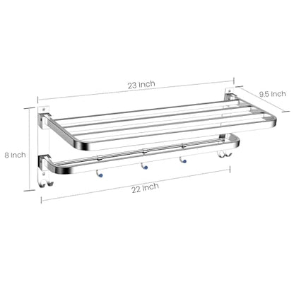 Crome Finished Foldable Towel Rack with Hooks – Wall Mounted Stainless Steel Double dacker Bathroom Shelf for Towels, Bathrobes & Storage | Rust-Resistant, Space-Saving Design for Modern Bathrooms - color: Crome Finish