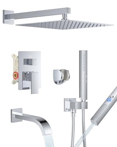 Chrome Shower System with Tub Spout, Wall Mounted Bathtub Shower Faucet Set, 12" Rainfall Shower Head and Handheld Shower Combo, High Pressure Shower Fixtures Set with Rough-in Valve - color: Polished Chrome, style: 12" Wall Mounted Shower System with Tub