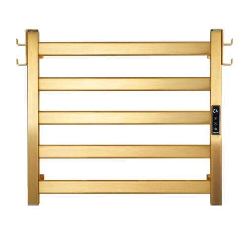 EA15 Series Towel Warmer, 5 Bar, Gold | Heated Towel Rack, Classic Square Tube, Dual Hooks, Built-in Thermo Control and Timer, Memory Function, Work with Smart Plug - color: Gold, size: 5 Bar