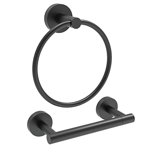 RARXTR Matte Black Toilet Paper Holder & Towel Ring SUS304 Stainless Steel 2pc Bathroom Hardware Set with Double Post Pivoting Toilet Paper Roll Holder Wall Mount & Bathroom Towel Holder Set - color: Matte Black, size: 2-Piece