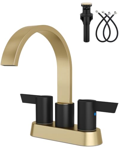Gold and Black Bathroom Faucet,4 Inch Centerset 2-Handle Waterfall | Includes Pop-Up Drain,24-Inch Supply Lines,Mounting Hardware,SUS304 Stainless Steel Construction,And A 360° Swivel Spout - color: Gold and Black