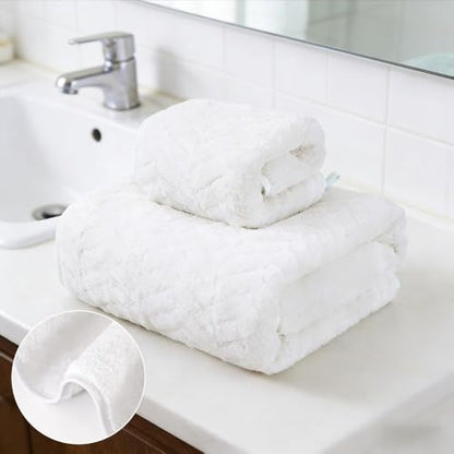Cozy Wheat Spike Stripes Bath Towel Set Coral Fleece from Bamboo Bathroom Towels-Soft&Absorbent Wheat Spike Stripes Pattern-White
