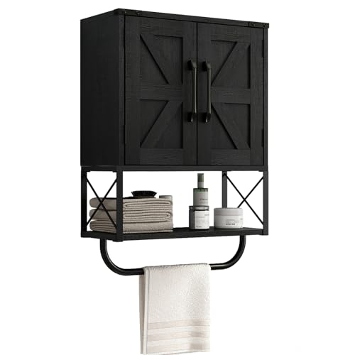 RUSTOWN Farmhouse Medicine Cabinet with 2 Barn Door, Bathroom Wall Cabinet | Rustic Wall Mounted Storage Cabinet with Adjustable Shelf & Towel Rack, 3-Tier Over the Toilet Storage Cabinets for Laundry - color: Black