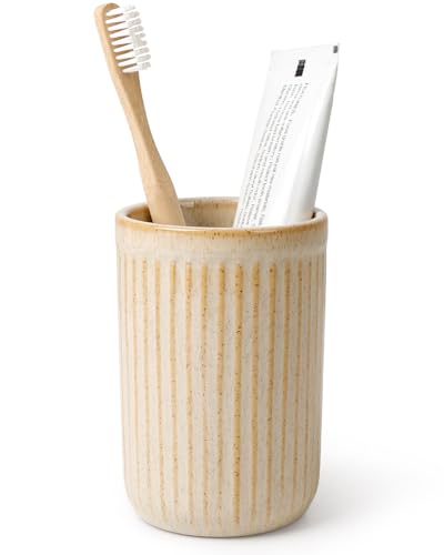 BosilunLife Ceramic Toothbrush Holder - 12oz Bathroom Toothbrush Holder Tooth Brush Holders Tumbler Cups Reusable Toothbrush Mouthwash Cup Small Toothbrush and Toothpaste Holder, Striped Greige - color: Greige-vsc, size: striped-cylinder