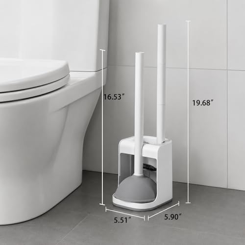 Toilet Plunger and Bowl Brush with Holder, 2 in 1 Heavy Duty Toilet Brush and Plunger Set for Bathroom Cleaning, 1 Set (White) - color: White