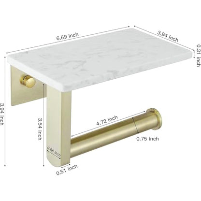 BWE Brushed Gold Toilet Paper Holder with Marble Shelf Wall Mounted | Toilet Paper Roll Holder with Phone Shelf 304 Stainless Steel Tissue Holder for Bathroom Washroom,Saving Space - color: Brushed Gold