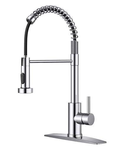 FORIOUS Kitchen Sink Faucet, Pull Down Sprayer, Classic High Arc, Chrome | Lead-Free Stainless Steel, Single Handle Commercial Spring Kitchen Faucets for Laundry Utility Room, Outdoor Farmhouse Camper - color: Chrome