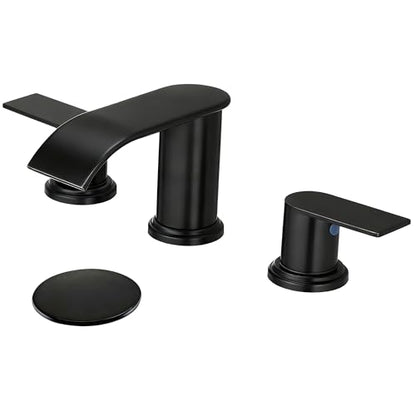 Waterfall Bathroom Faucet 3 Holes, 8 Inch Widespread Faucet 2 Handle Lead-Free Black, Bathroom Faucet with Water Supply Lines Pop Up Drain, Bathroom Basin Lavatory Mixer Tap with Deck Mount Plate - color: Matte Black, size: 8 Inch