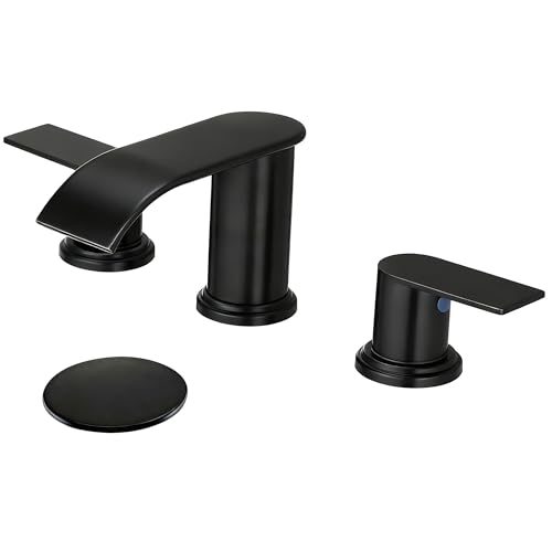 Waterfall Bathroom Faucet 3 Holes, 8 Inch Widespread Faucet 2 Handle Lead-Free Black, Bathroom Faucet with Water Supply Lines Pop Up Drain, Bathroom Basin Lavatory Mixer Tap with Deck Mount Plate - color: Matte Black, size: 8 Inch