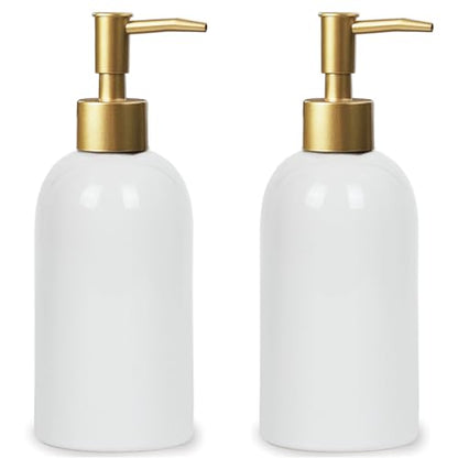 2Pack Ceramic Soap Dispenser White with Gold Pump,Simple Design Cylindrical Lotion Dispenser Bottle,Refillable Liquid Hand Soap Dispenser for Kitchen,Bathroom,Washroom - color: 2pcs White（a）