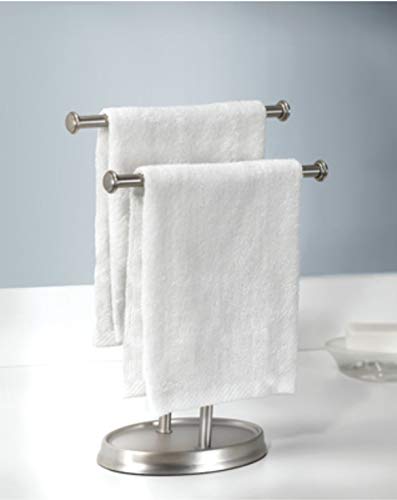 Umbra Palm Double Hand Towel Tree, Brushed Nickel 2 Towels Holder and Accessories Stand for Bathroom Vanities - Slim, Modern, Durable Bars With Base Serves as a Jewelry Tray for Rings, 4.25" Length x 10.5" Height x 3.75" Width, Model:021019-410