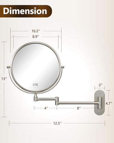 DECLUTTR 9 Inch Wall Mounted Makeup Mirror, 15X Magnification Double Sided Swivel Extendable Bathroom Mirror - color: Brushed Nickel